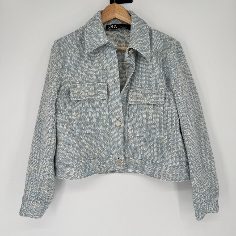 Zara Tweed Light Blue Cropped Textured Button Up Jacket M Old Money Chic Preppy